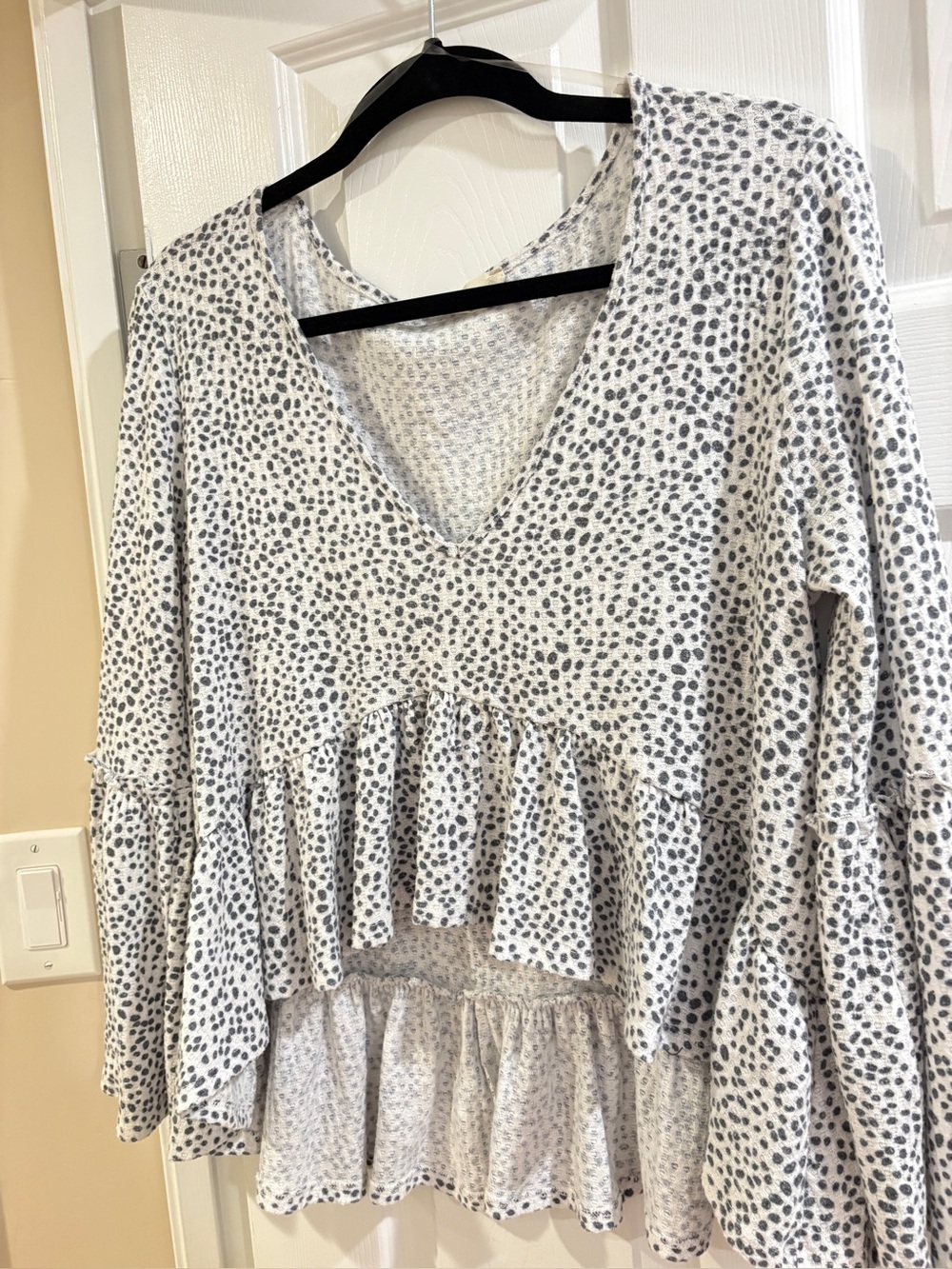 Altar'd State White V-Neck Ruffle Peplum Top with Gray Dot Print